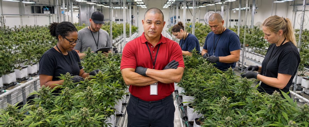 Devin Lockett with partners inspecting cannabis cultivation in the grow facility