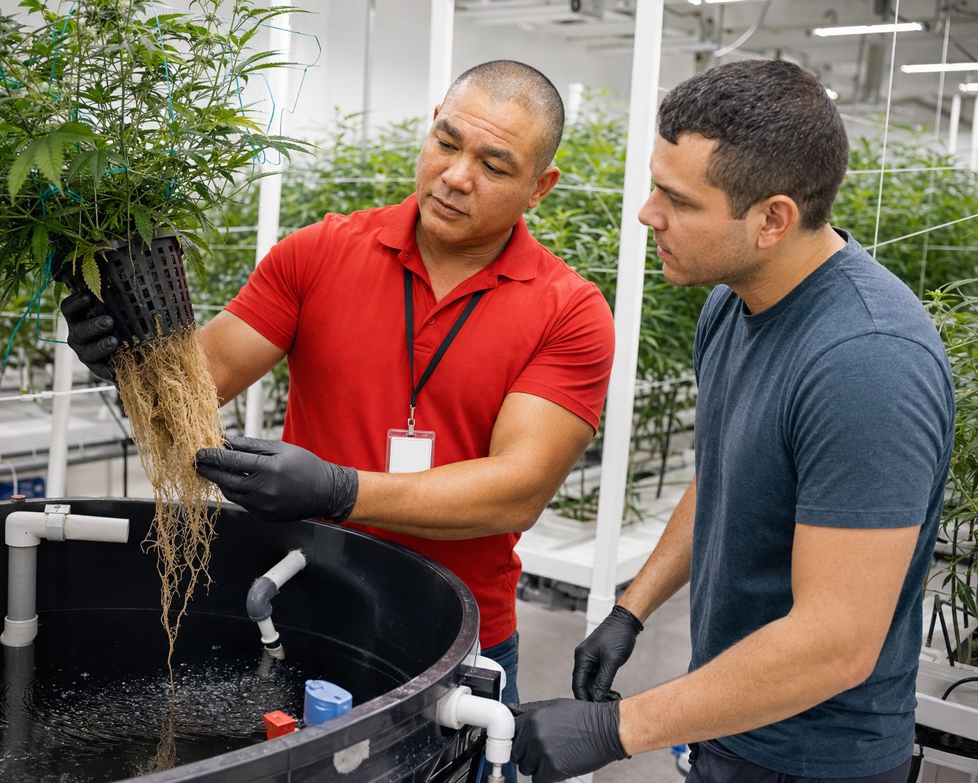 Devin Lockett inspecting hemp plants in the CBD Rastro hydroponic cultivation grow